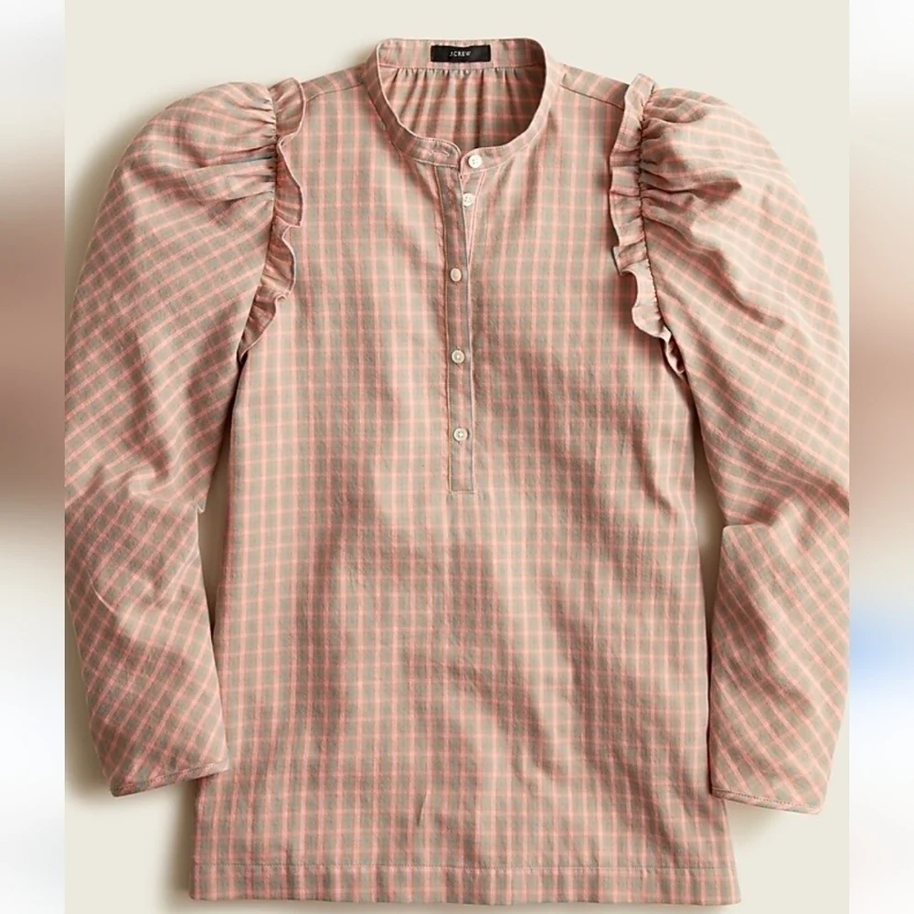 J.Crew Women Puff sleeve top V neck Blouse Top flannel sz L